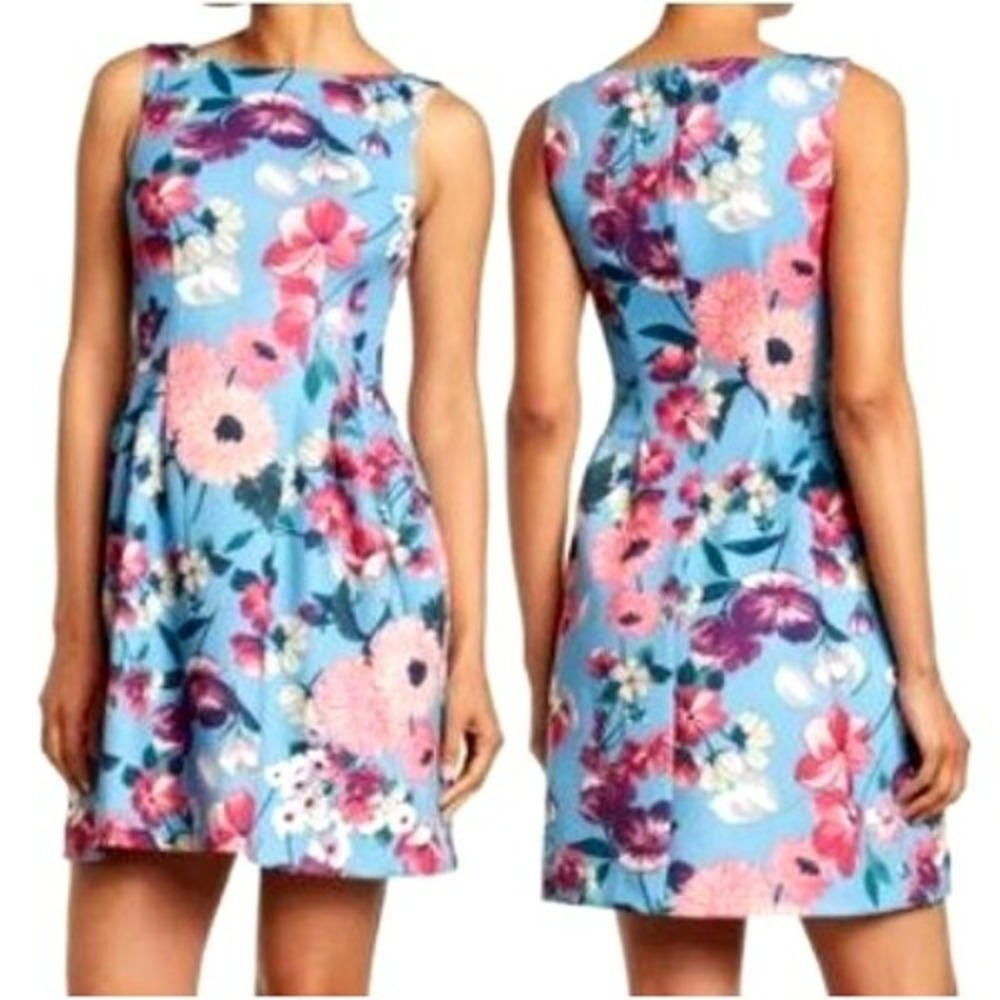 VINCE CAMUTO NEW Size 12 Blue Pink Floral Print Sleeveless Fit Flare Mini Dress